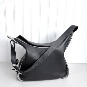 MyWalit‎ Black Soft Leather Hobo Shoulder Bag Grey Trim Curved Slouchy *READ